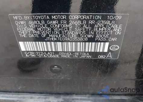 2010 Lexus Es 350 from USA, damaged, VIN JTHBK1EG9A2353808